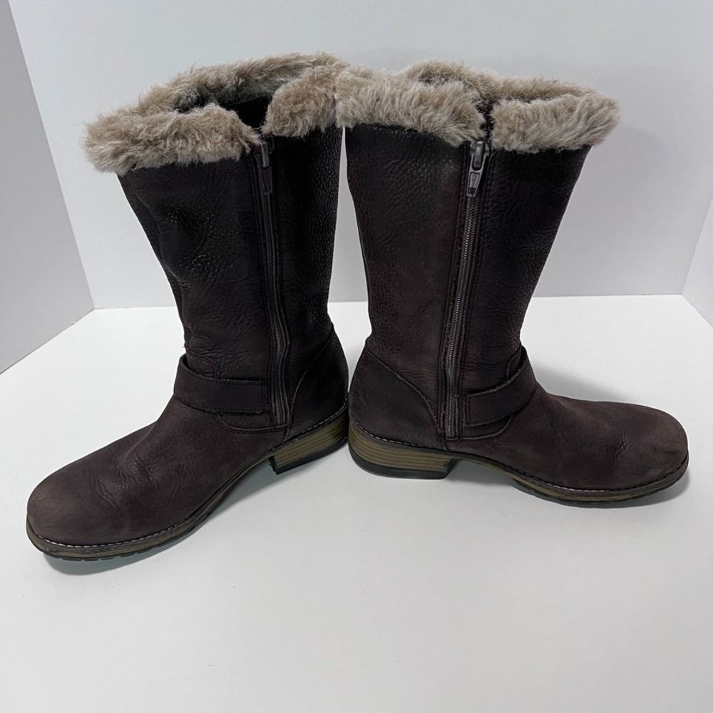 Clarks US 2M EU 33.5 Brown Leather Boots Zipper Faux Fur Buckle - Picture 6 of 10